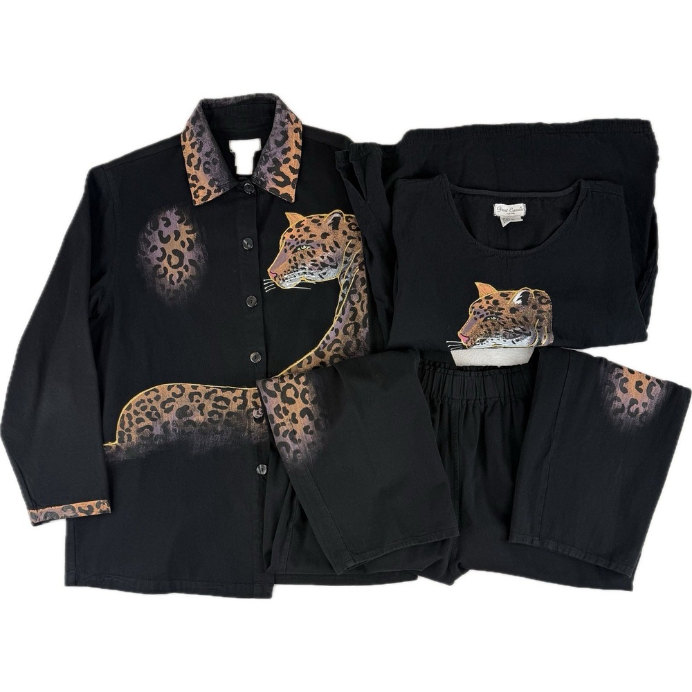 Vtg Great Cavalier 3 Pc Set Womens Medium Hand Painted Leopard Animal Print READ